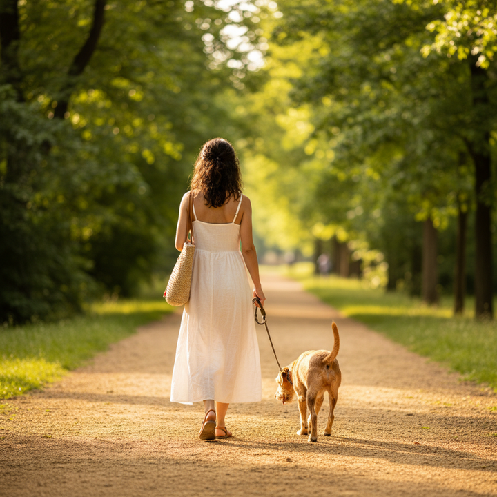 Mulher de costas a passear o cão